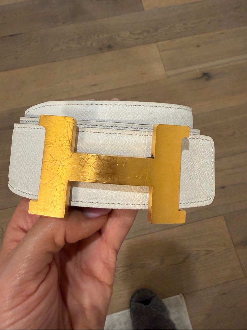 Hermes Cognac Leather Belt with White Stitching